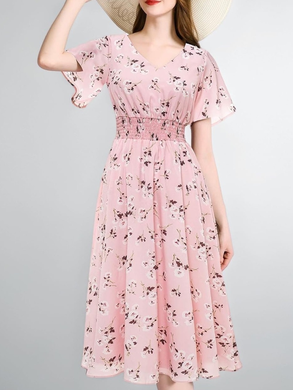 Pink Floral Print Chiffon Midi Dress Romantic Cottagecore Wedding Guest Dress
